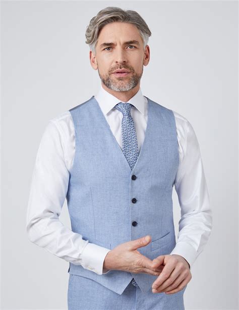 men's light blue waistcoat.